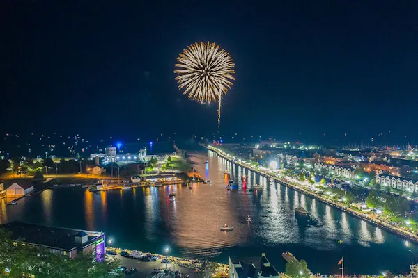 water, building, fireworks, sky, plant, nature