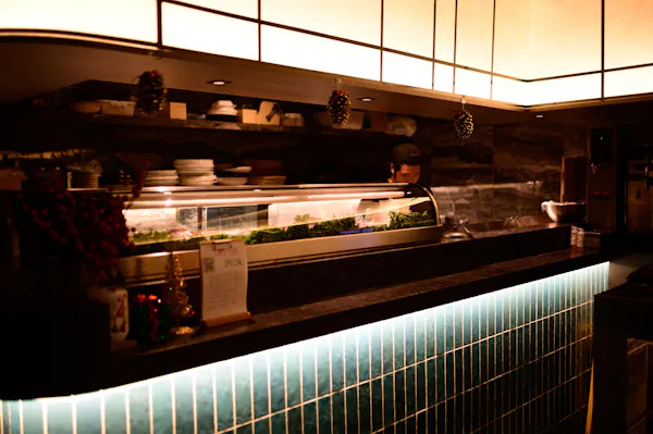 food, restaurant, light fixture, countertop, fast food, bar