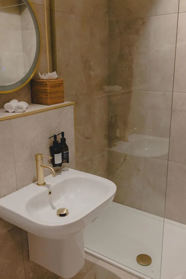 brown, mirror, tap, sink, plumbing fixture, bathroom sink