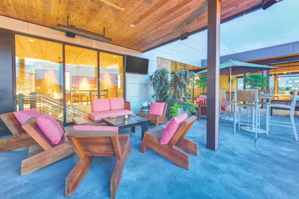 furniture, resort, chair, apartment, wood stain, restaurant
