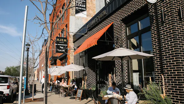 brick, brickwork, restaurant, mixed-use, outdoor table, chair