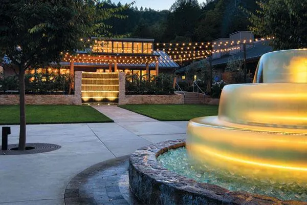 garden, night, landscape lighting, water feature, landscaping, courtyard