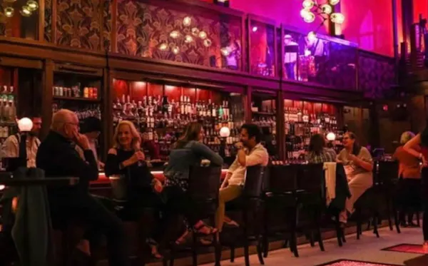 bar, drinking establishment, pub, restaurant, party, light fixture