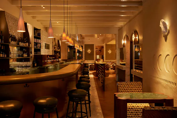furniture, table, building, drinking establishment, ceiling, chair