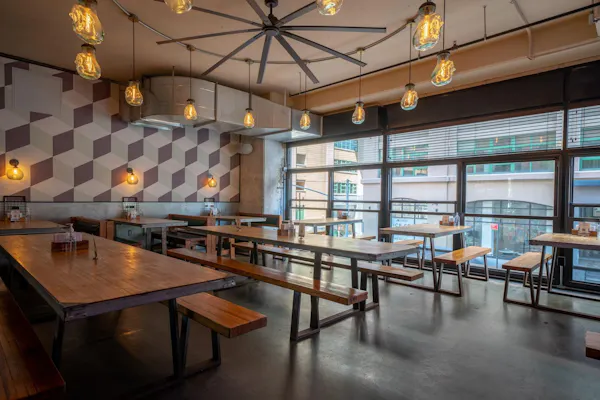 wood, ceiling, furniture, flooring, light fixture, restaurant