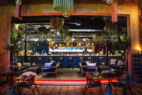furniture, table, restaurant, chair, bar, ceiling