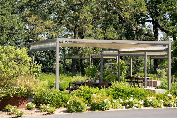 garden, groundcover, outdoor structure, shade, pergola, pavilion