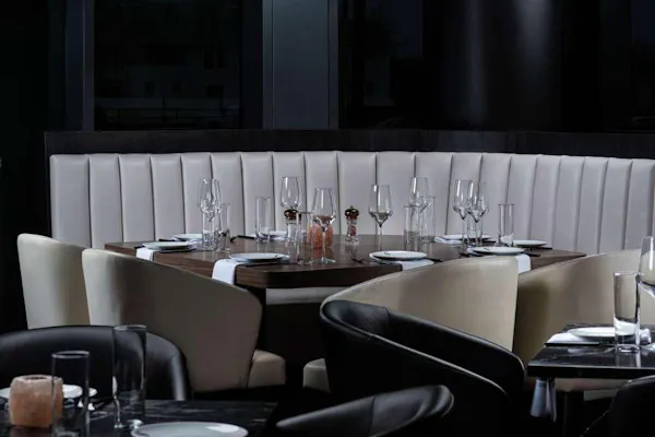 furniture, table, chair, restaurant, glass, design