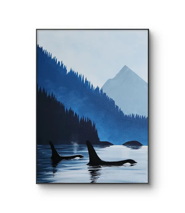 mountain range, ocean, cetaceans, fin, killer whale, glacial landform