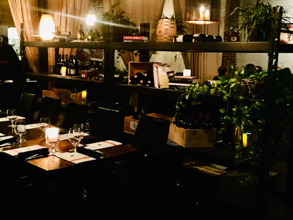furniture, restaurant, chair, barware, light fixture, houseplant