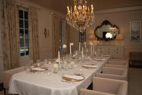 furniture, chandelier, light fixture, table, dining room, chair