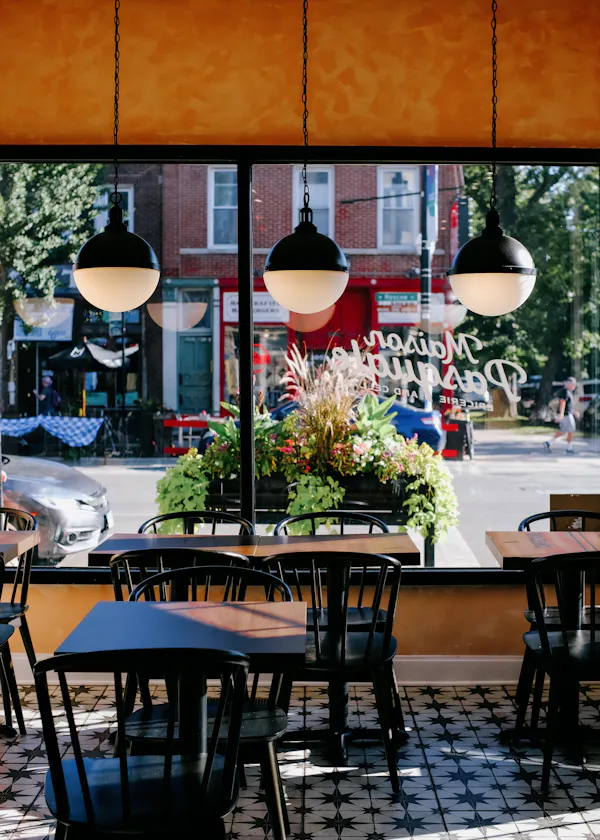 light fixture, restaurant, lampshade, chair, fast food restaurant