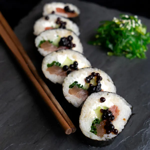 food, sushi, white rice, tableware, gimbap, california roll