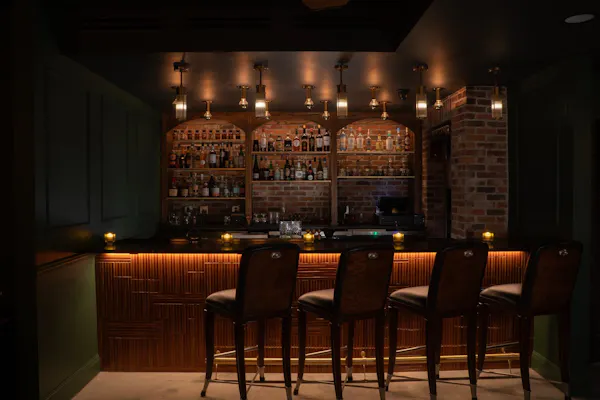 furniture, lighting, light fixture, pub, bar, wood stain