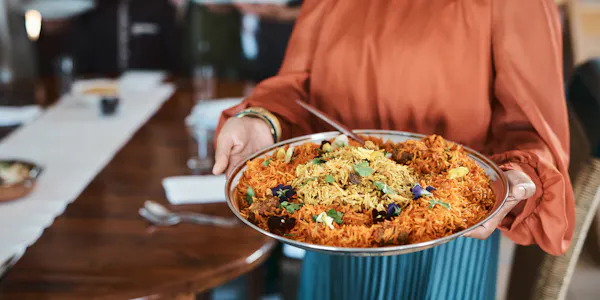 food, tableware, ingredient, jollof rice, table, cooking