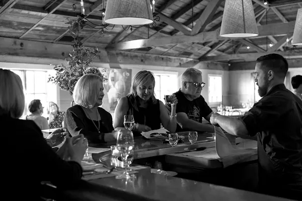 black-and-white, monochrome, monochrome photography, conversation, event, restaurant