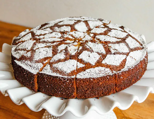 food, cake, powdered sugar, dessert, torta caprese, ingredient