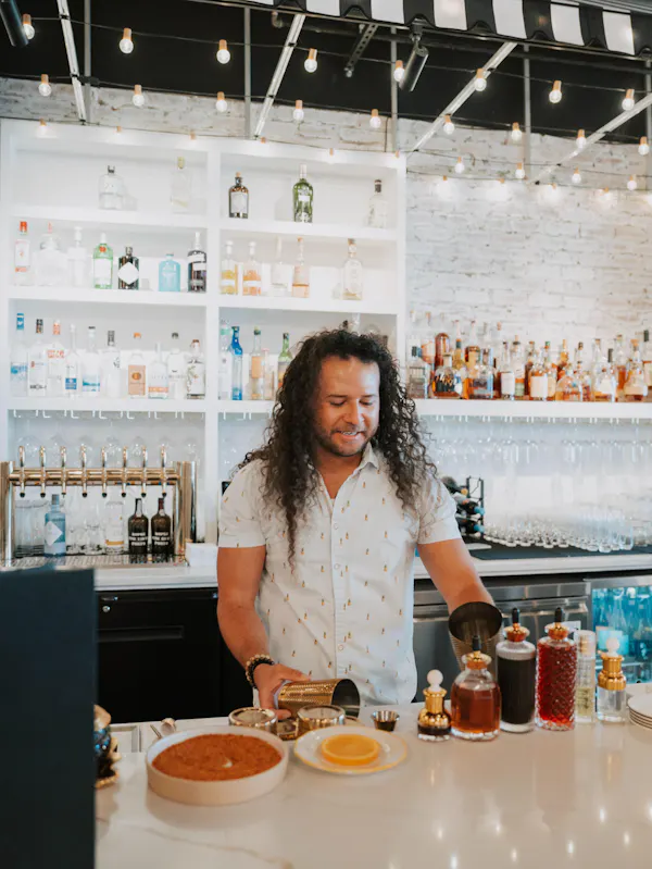 food, bar, countertop, alcoholic drink, restaurant, bottle