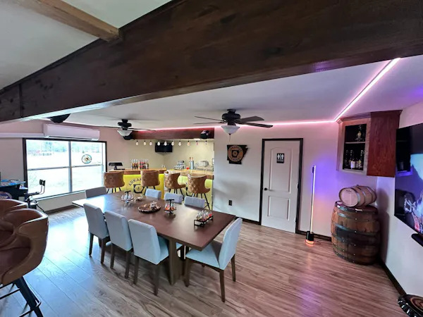 furniture, flooring, ceiling, wood, floor, light fixture