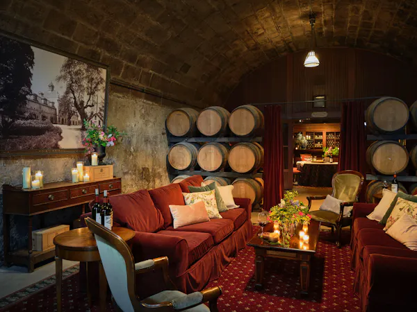 furniture, lighting, barrel, chair, winery, wood stain