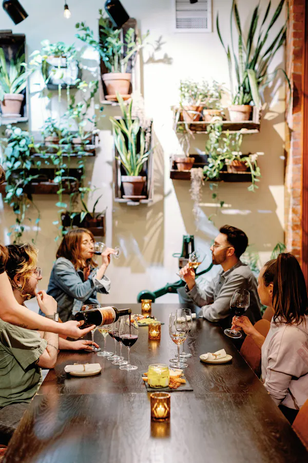 flowerpot, houseplant, conversation, restaurant, floral design, party