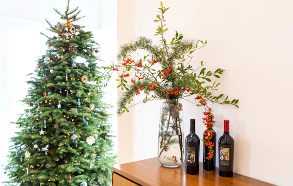 christmas tree, bottle, plant, liquid, christmas ornament, branch