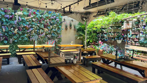 flowerpot, restaurant, houseplant, chair, floral design, outdoor table