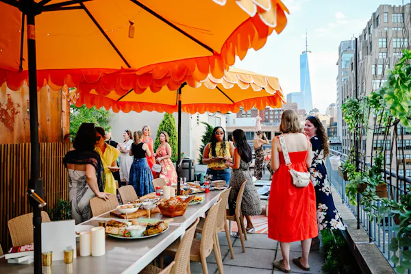 orange, umbrella, outdoor furniture, chair, food, outdoor table