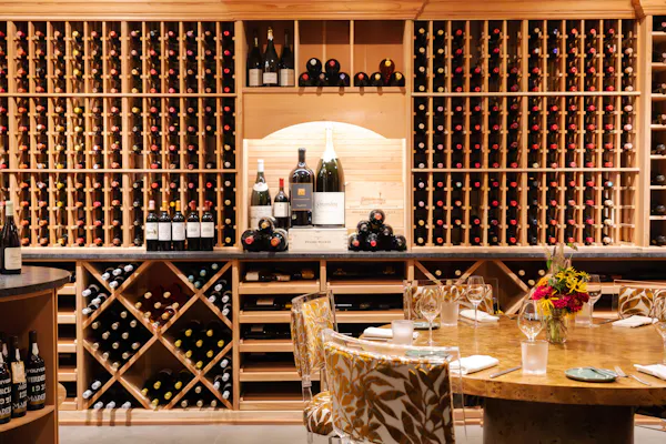 furniture, chair, table, wine rack, wine cellar, lighting