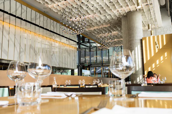 lighting, restaurant, furniture, chair, glass, light fixture