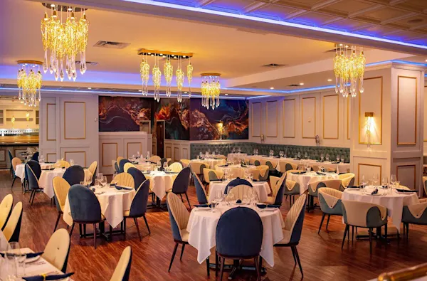 ceiling, lighting, tablecloth, restaurant, furniture, table