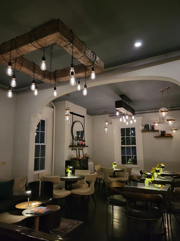 light fixture, ceiling, furniture, lighting, chandelier, restaurant