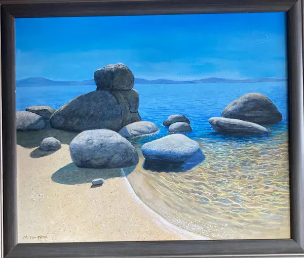 rock, coast, sea, shore, ocean, painting