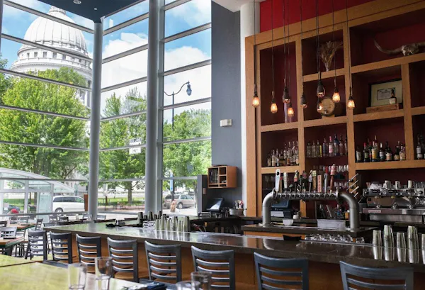 furniture, table, ceiling, glass, restaurant, chair