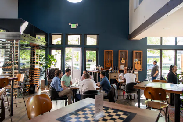 furniture, table, chair, restaurant, customer, houseplant
