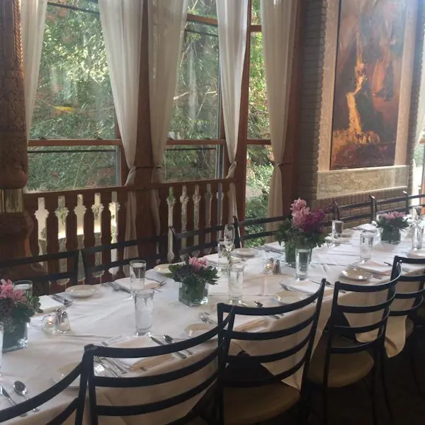 furniture, wood, table, chair, restaurant, tablecloth