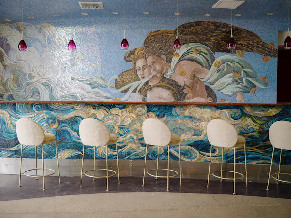 furniture, chair, restaurant, ceiling, mural, kitchen & dining room table