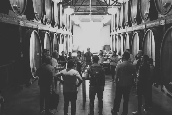 barrel, monochrome photography, winery, monochrome, mass production, crowd