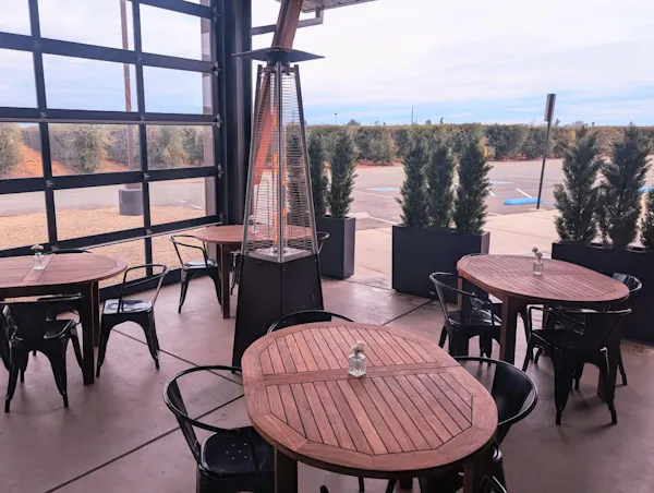 furniture, chair, outdoor table, restaurant, outdoor furniture, wood stain