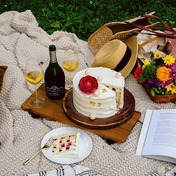 food, table, tableware, dishware, bottle, plant