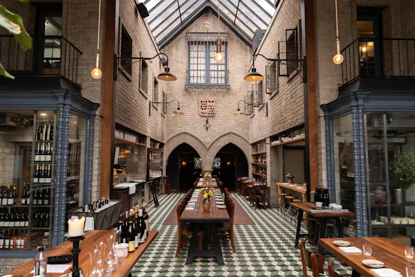 brickwork, brick, ceiling, restaurant, chair, light fixture