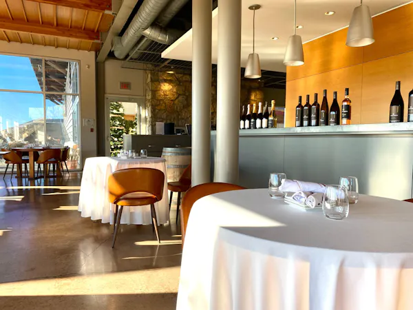 furniture, chair, table, restaurant, tablecloth, glass
