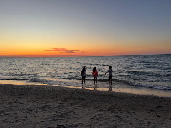 sky, beach, horizon, body of water, sunset, summer