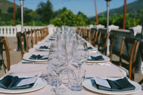 furniture, table, tablecloth, champagne glass, restaurant, stemware