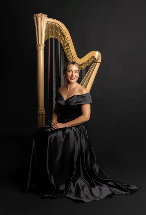 dress, harp, smile, fashion, formal wear, musical instrument