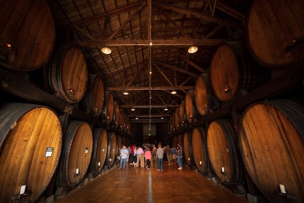 brown, barrel, winery, wood, symmetry, ceiling