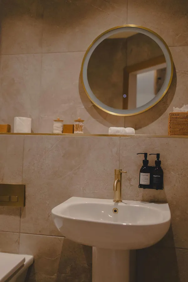 brown, mirror, tap, plumbing fixture, bathroom sink, sink