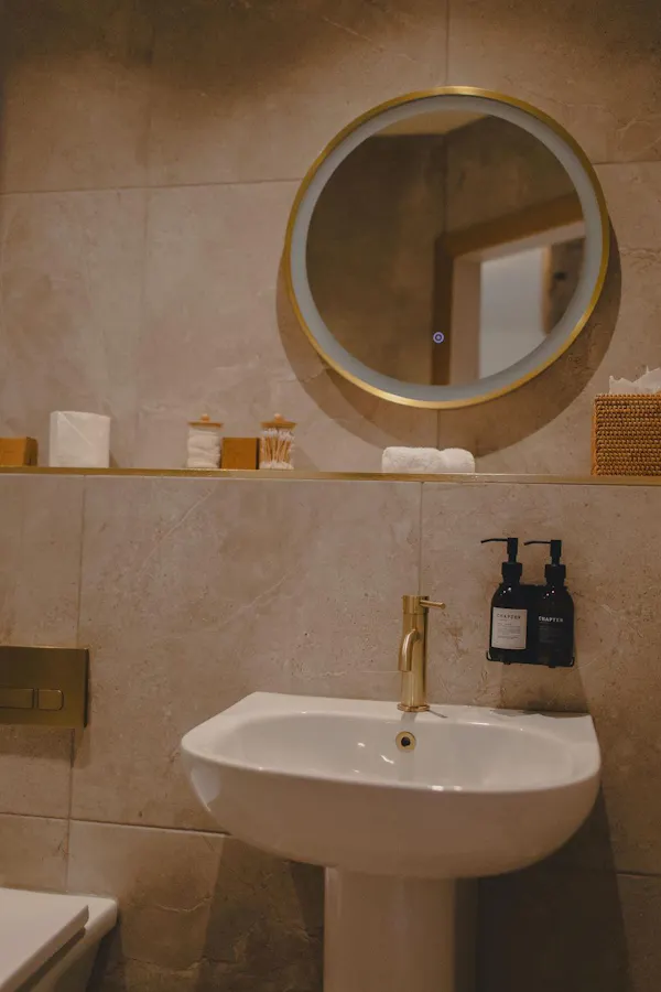 brown, mirror, tap, plumbing fixture, bathroom sink, sink