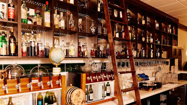bottle, shelf, shelving, alcoholic drink, bar, liquor