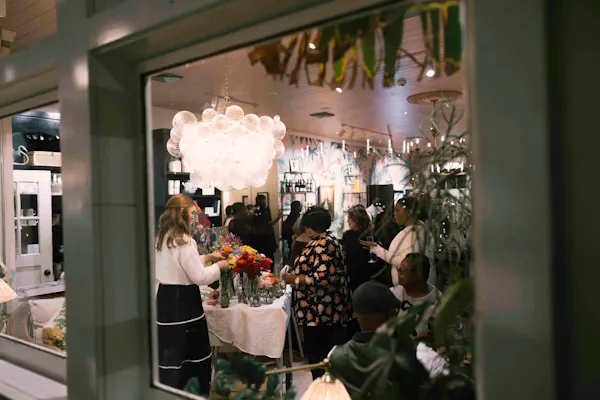 lighting, light fixture, customer, flower arranging, ceiling, floristry